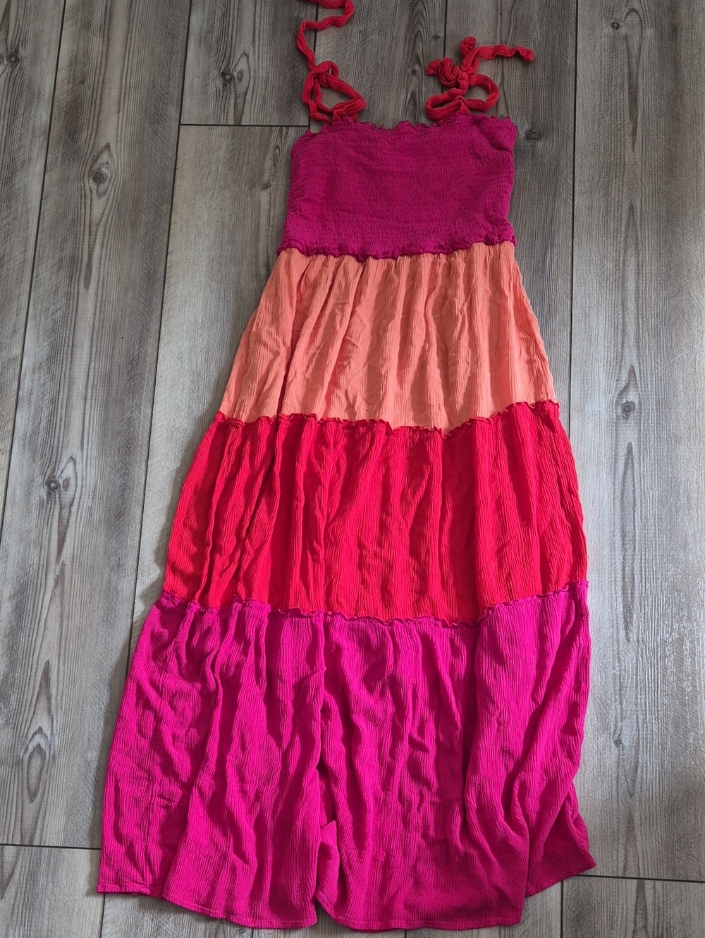 BeBop Sunset Colorblock Tiered Smocked Tie Shoulder Maxi Sundress Medium